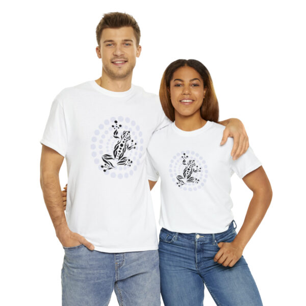 A Wardrobe Staple: The Unisex Heavy Cotton Tee with Dotted Frog Print is a timeless wardrobe staple that you'll reach for again and again. Its versatility allows you to effortlessly transition from casual to dressy occasions, making it a reliable choice for any event. This tee effortlessly blends style and comfort, ensuring that you always look and feel your best.