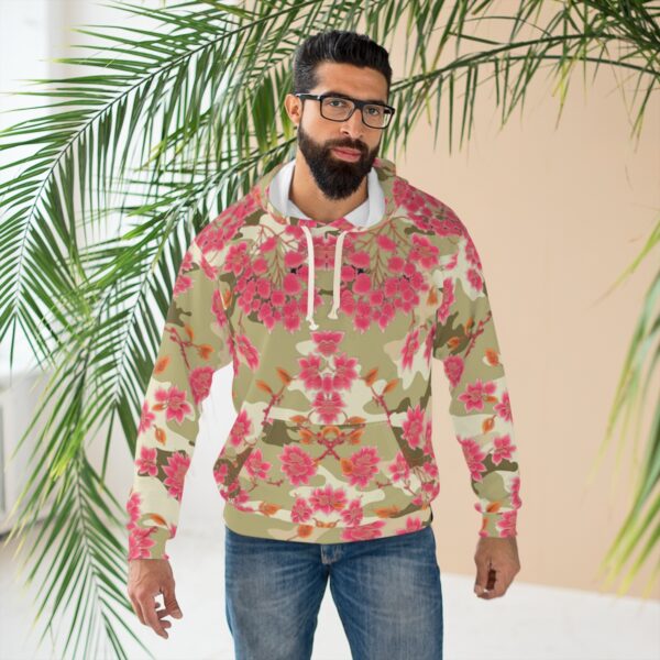 Unleash Your Creativity and Coziness with Our Bohemian Green Camouflage Hoodie with Flower Print Elevate your wardrobe with our Bohemian Green Camouflage Hoodie with Flower Print that offers unparalleled warmth, comfort, and style. Crafted with a blend of polyester and cotton, this hoodie boasts a soft and cozy feel against your skin. The functional design features a large front pocket for convenience and an adjustable hood for added coziness. Our meticulous attention to detail and use of high-quality materials ensure a perfect fit and exceptional durability. With its unique Bohemian Green Camouflage pattern complemented by a pink flower motif, this hoodie is the perfect combination of fashion and functionality. Upgrade your wardrobe with this versatile and stylish hoodie that embodies comfort, creativity, and superior craftsmanship.