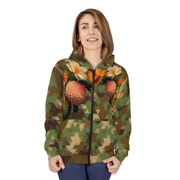 Stay Cozy and Chic with Our Camouflage Zipped Fleece Jacket Elevate your style and comfort with our Camouflage Zipped Fleece Jacket. The vibrant flowers motif, along with the playful green frog design, adds a unique touch to your outfit. With its functional features and superior craftsmanship, this jacket is a must-have for fashion-forward individuals. Don't let the difficulty of finding the right jacket hold you back—choose our Camouflage Zipped Fleece Jacket and experience unparalleled warmth and style