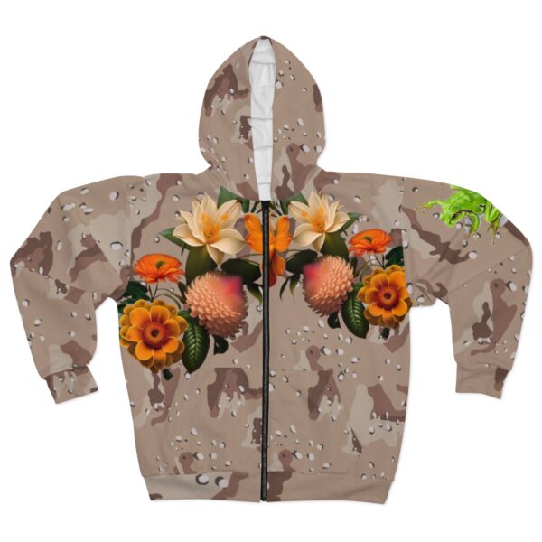 Stay Cozy and Chic with Our Camouflage Zipped Fleece Jacket Elevate your style and comfort with our Camouflage Zipped Fleece Jacket. The vibrant flowers motif, along with the playful green frog design, adds a unique touch to your outfit. With its functional features and superior craftsmanship, this jacket is a must-have for fashion-forward individuals. Don't let the difficulty of finding the right jacket hold you back—choose our Camouflage Zipped Fleece Jacket and experience unparalleled warmth and style.