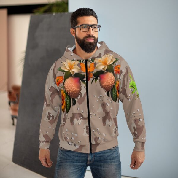 Stay Cozy and Chic with Our Camouflage Zipped Fleece Jacket Elevate your style and comfort with our Camouflage Zipped Fleece Jacket. The vibrant flowers motif, along with the playful green frog design, adds a unique touch to your outfit. With its functional features and superior craftsmanship, this jacket is a must-have for fashion-forward individuals. Don't let the difficulty of finding the right jacket hold you back—choose our Camouflage Zipped Fleece Jacket and experience unparalleled warmth and style.