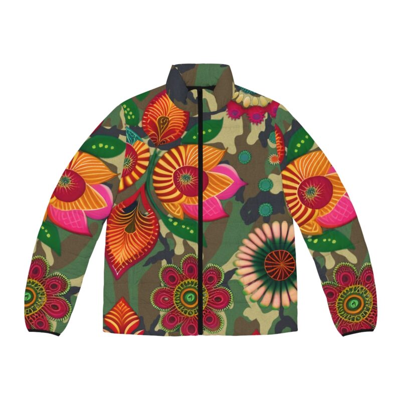 Make a Statement Stand out from the crowd and make a bold fashion statement with our Camouflage Floral Puffer Jacket. Embrace the fusion of urban chic and floral elegance, creating a look that is uniquely yours. This jacket represents your impeccable taste and style.