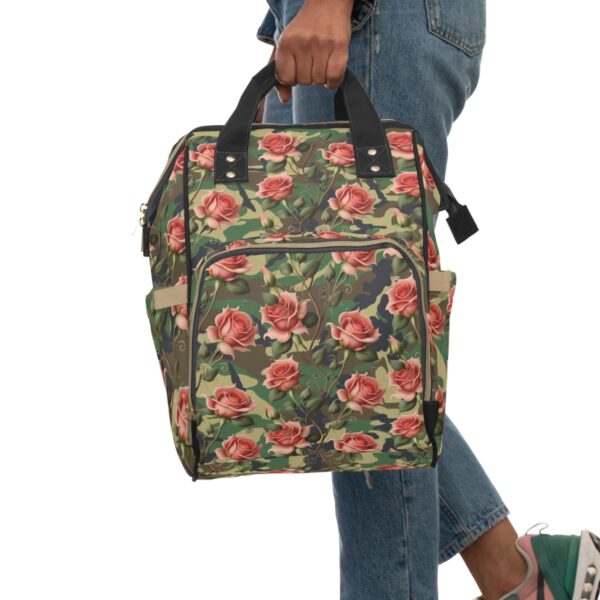 A Bag to Suit Your Every Need No matter the occasion, our Rose Camouflage Backpack is up for the challenge. Whether you're exploring the outdoors, heading to the market, or setting off on a day trip, this stunning backpack is designed to cater to all your needs with ease. Sturdy and Reliable, Made to Last Constructed from high-grade nylon, our backpack boasts unbeatable sturdiness and resilience. Count on it to accompany you on countless adventures, standing the test of time and maintaining its exquisite appearance.